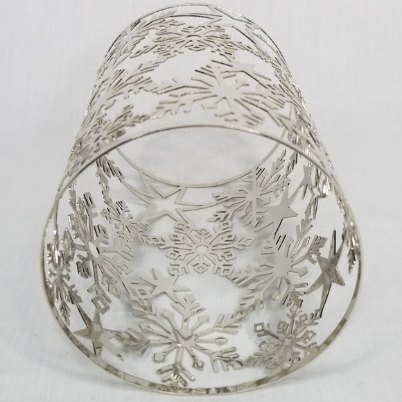 Silver Snowflakes Stars Jar Candle Sleeve Holder Metal 4" x 6.5"H - Picture 3 of 6